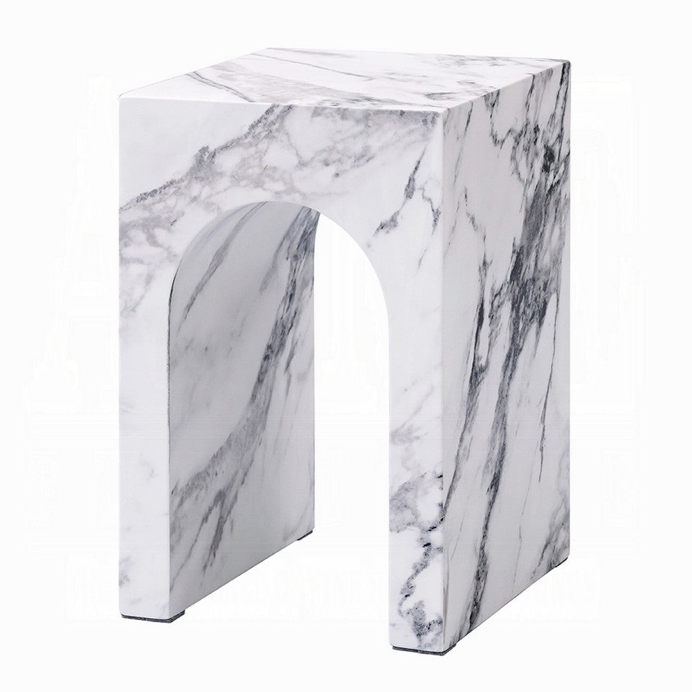Ritzy End Table, White Marble Faux Stone Single Arch Design 12 Inch