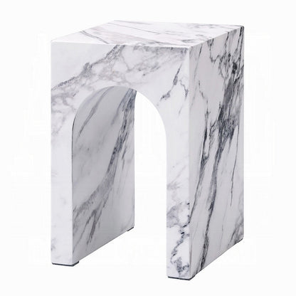 Ritzy End Table, White Marble Faux Stone Single Arch Design 12 Inch