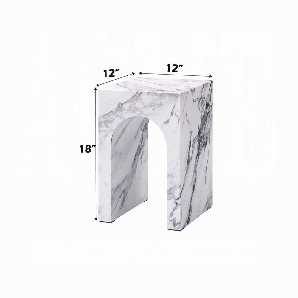Ritzy End Table, White Marble Faux Stone Single Arch Design 12 Inch
