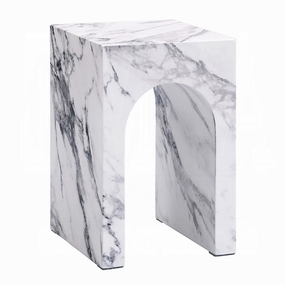 Ritzy End Table, White Marble Faux Stone Single Arch Design 12 Inch