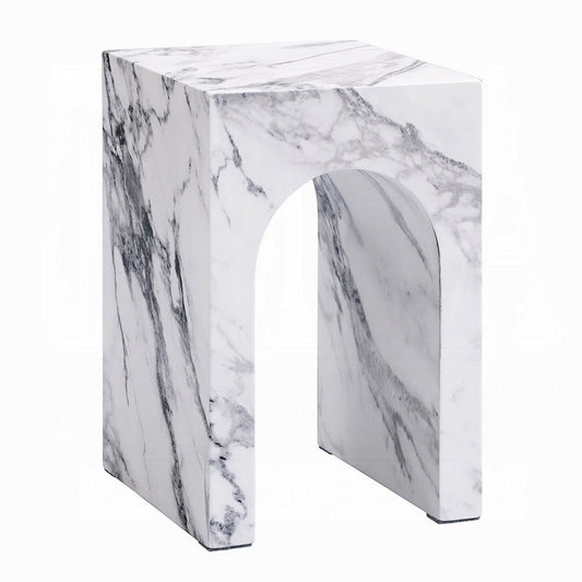 Ritzy End Table, White Marble Faux Stone Single Arch Design 12 Inch