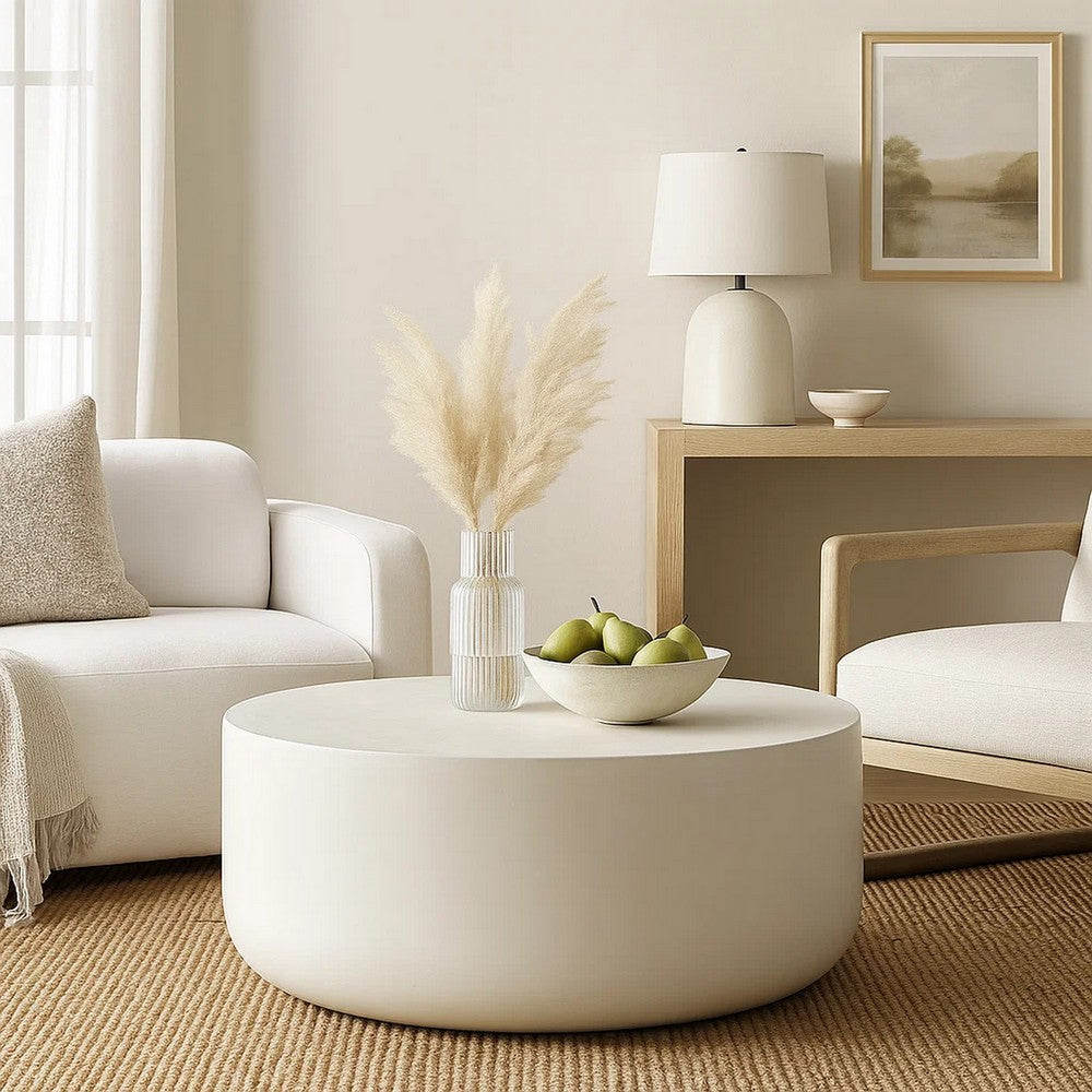 Utan 31 Inch Round Coffee Table, Modern Cement Frame, Off White