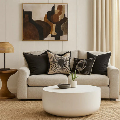 Utan 31 Inch Round Coffee Table, Modern Cement Frame, Off White
