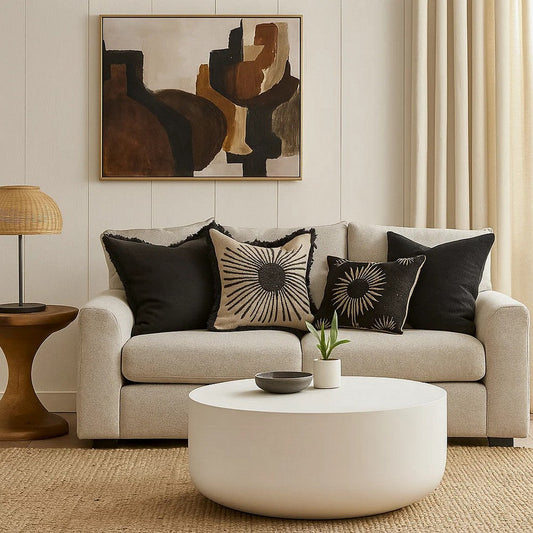 Utan 31 Inch Round Coffee Table, Modern Cement Frame, Off White