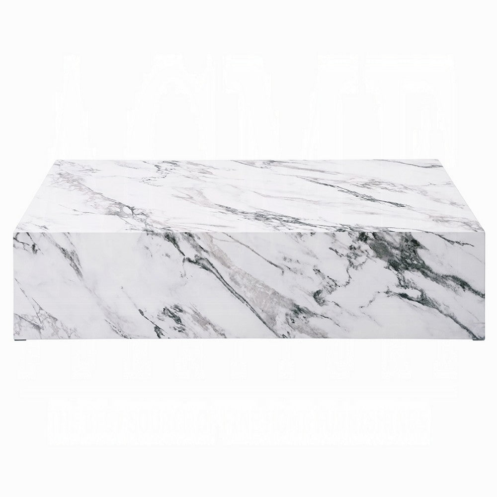 Ritzy Coffee Table, Modern Plinth, White Gray Faux Stone, 48 Inch
