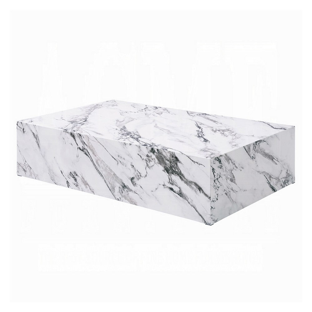 Ritzy Coffee Table, Modern Plinth, White Gray Faux Stone, 48 Inch