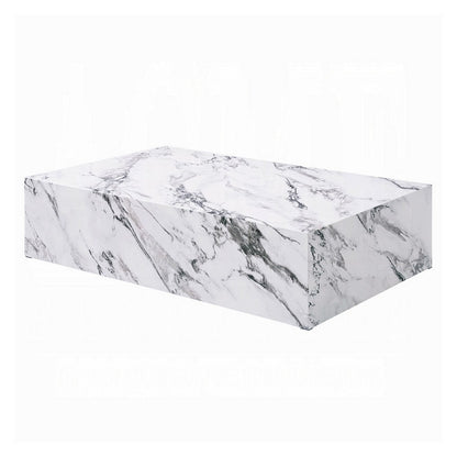 Ritzy Coffee Table, Modern Plinth, White Gray Faux Stone, 48 Inch