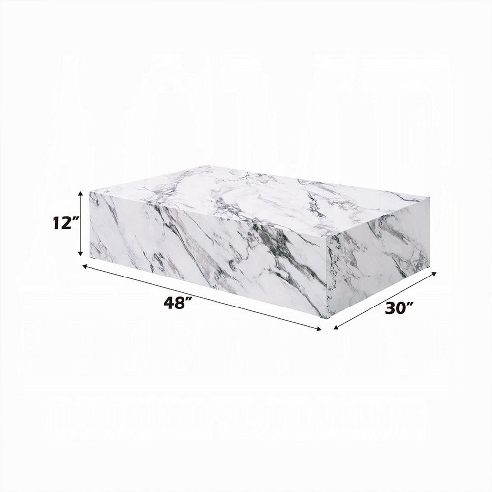 Ritzy Coffee Table, Modern Plinth, White Gray Faux Stone, 48 Inch