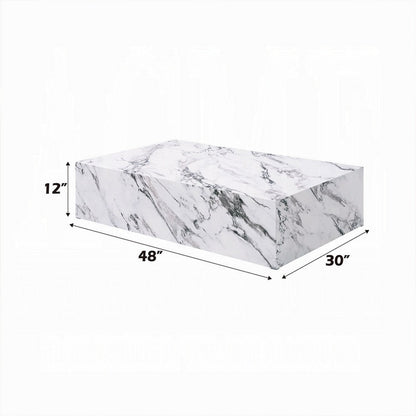 Ritzy Coffee Table, Modern Plinth, White Gray Faux Stone, 48 Inch