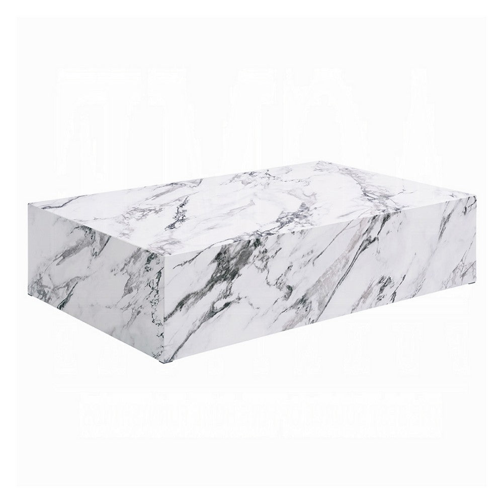 Ritzy Coffee Table, Modern Plinth, White Gray Faux Stone, 48 Inch