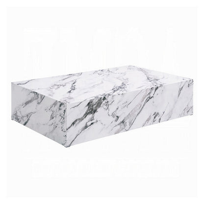 Ritzy Coffee Table, Modern Plinth, White Gray Faux Stone, 48 Inch