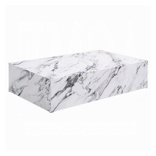 Ritzy Coffee Table, Modern Plinth, White Gray Faux Stone, 48 Inch