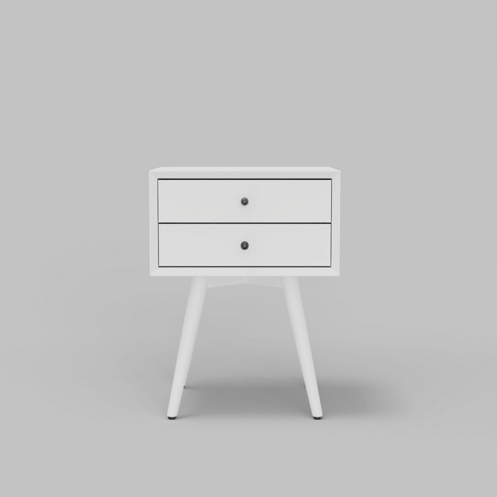 Ian Small Nightstand w 2 Drawers, Modern White Solid Mahogany Wood
