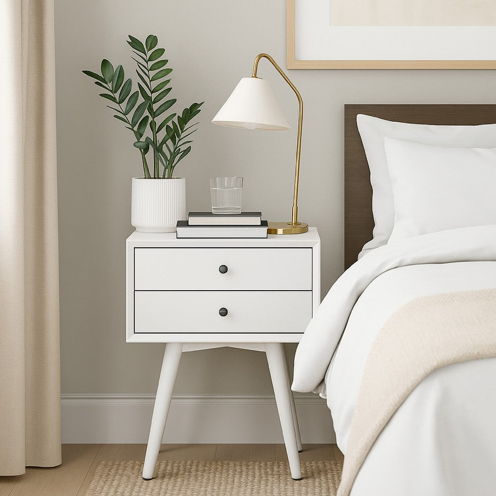 Ian Small Nightstand w 2 Drawers, Modern White Solid Mahogany Wood