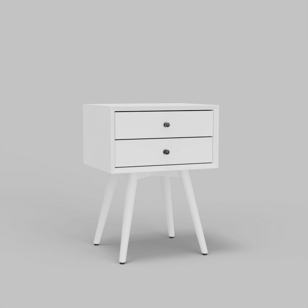 Ian Small Nightstand w 2 Drawers, Modern White Solid Mahogany Wood