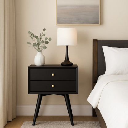 Ian Small Nightstand w 2 Drawers, Modern Black Solid Mahogany Wood
