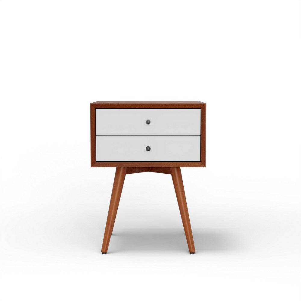 Ian Small Nightstand, 2 Drawers, Brown and White Solid Mahogany Wood