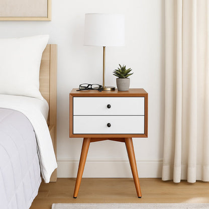 Ian Small Nightstand, 2 Drawers, Brown and White Solid Mahogany Wood