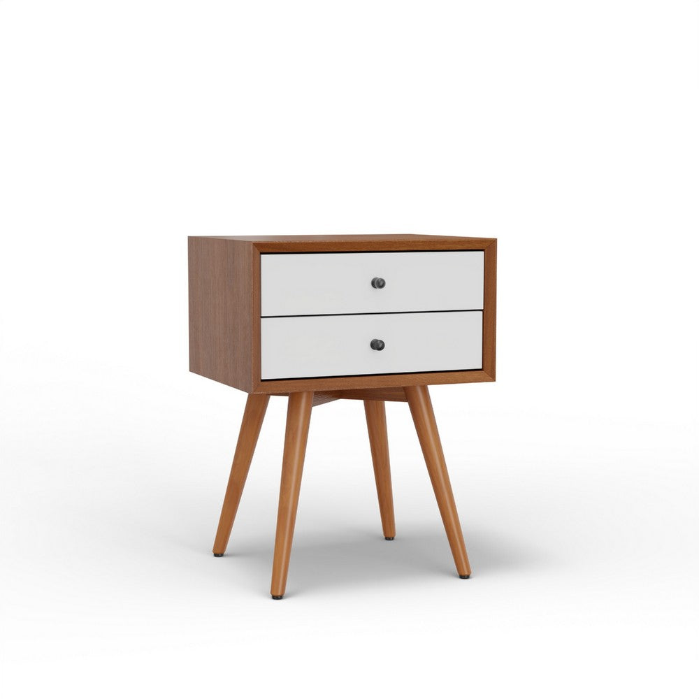 Ian Small Nightstand, 2 Drawers, Brown and White Solid Mahogany Wood