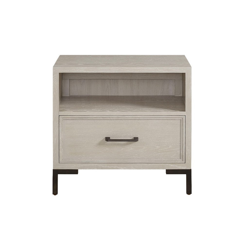 Bedy Nightstand, Drawer n Cubby, Black Metal, Antique White Oak Wood