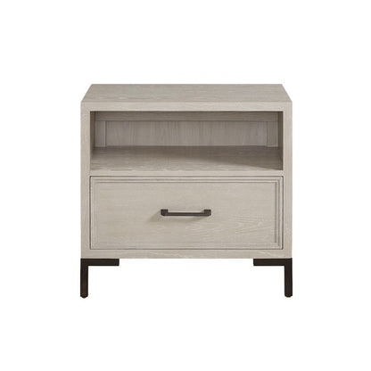 Bedy Nightstand, Drawer n Cubby, Black Metal, Antique White Oak Wood