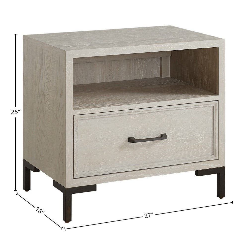 Bedy Nightstand, Drawer n Cubby, Black Metal, Antique White Oak Wood