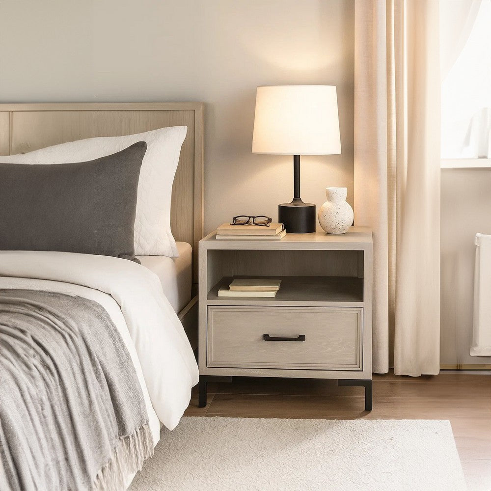 Bedy Nightstand, Drawer n Cubby, Black Metal, Antique White Oak Wood