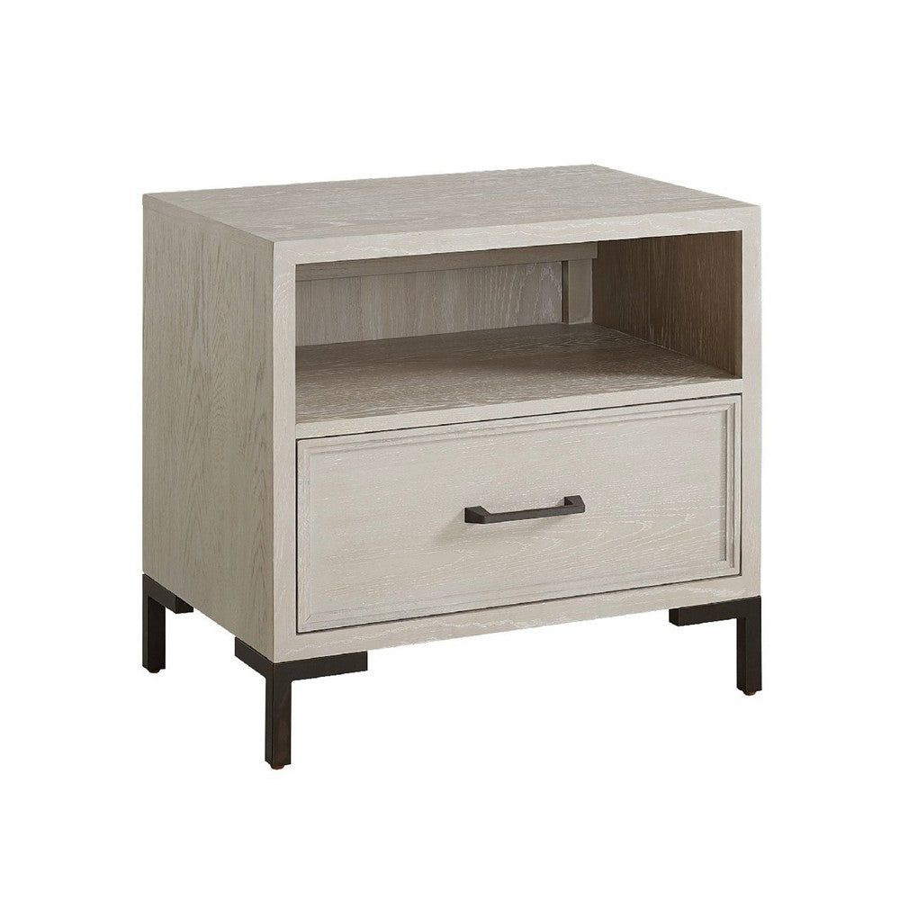 Bedy Nightstand, Drawer n Cubby, Black Metal, Antique White Oak Wood