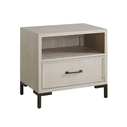Bedy Nightstand, Drawer n Cubby, Black Metal, Antique White Oak Wood