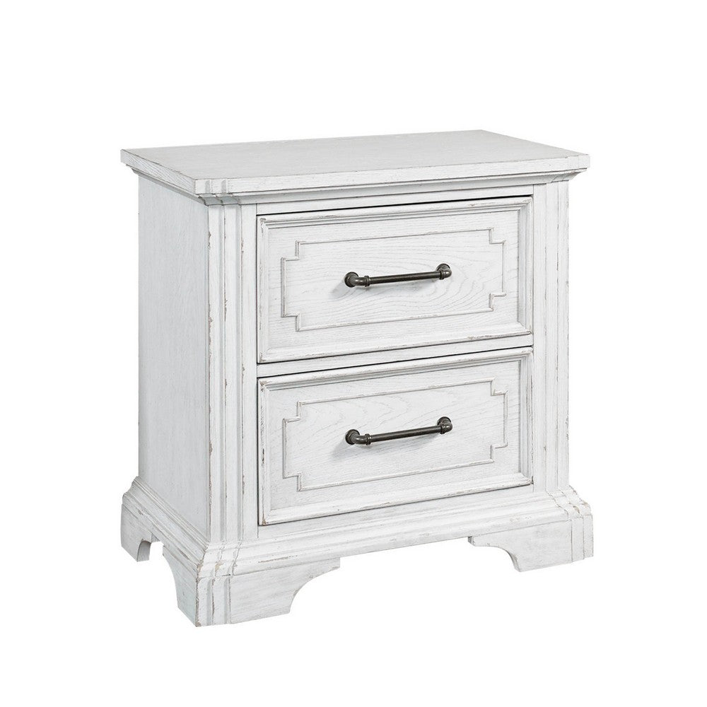 Lesy Nightstand, 2 Drawers, Black Metal, Vintage White Poplar Wood