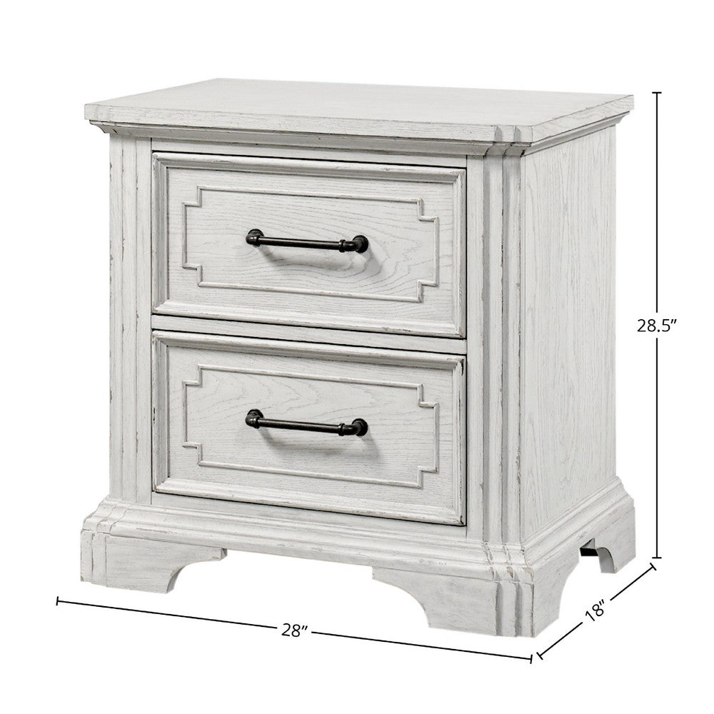 Lesy Nightstand, 2 Drawers, Black Metal, Vintage White Poplar Wood