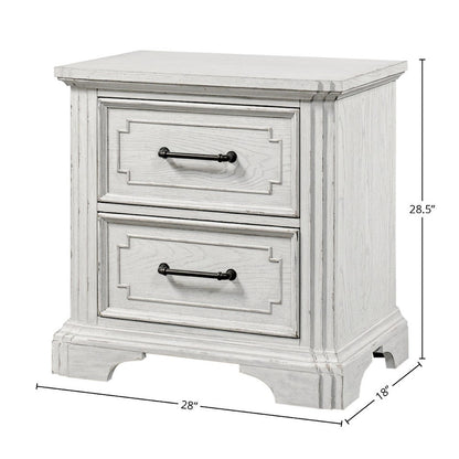 Lesy Nightstand, 2 Drawers, Black Metal, Vintage White Poplar Wood