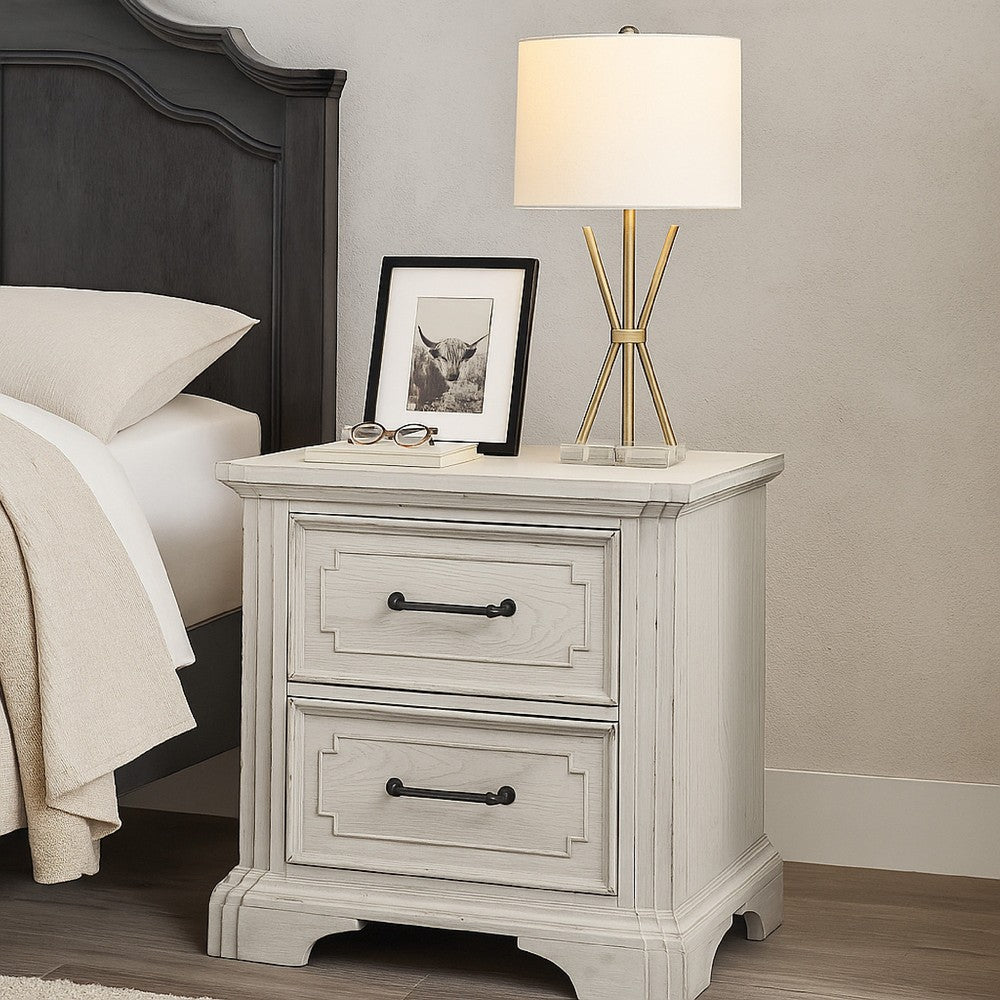 Lesy Nightstand, 2 Drawers, Black Metal, Vintage White Poplar Wood