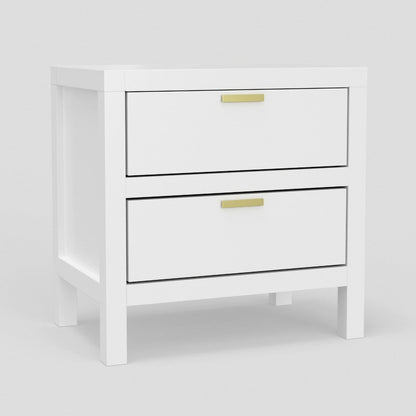 Fery Nightstand, 2 Drawers, Gold Metal Handles, White Solid Pine Wood