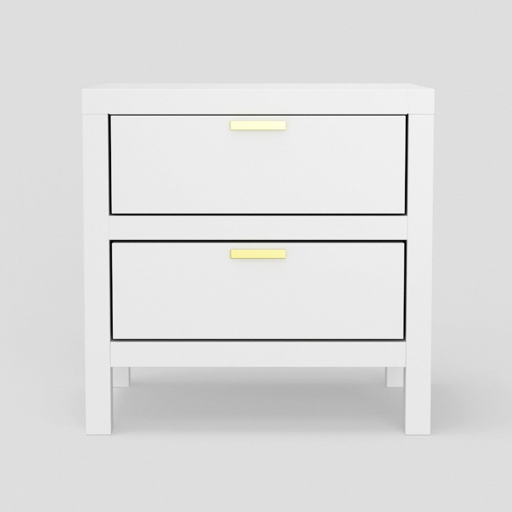 Fery Nightstand, 2 Drawers, Gold Metal Handles, White Solid Pine Wood