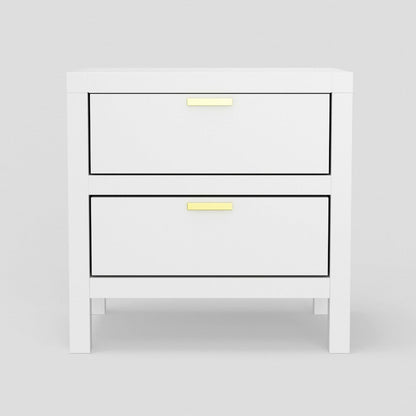Fery Nightstand, 2 Drawers, Gold Metal Handles, White Solid Pine Wood