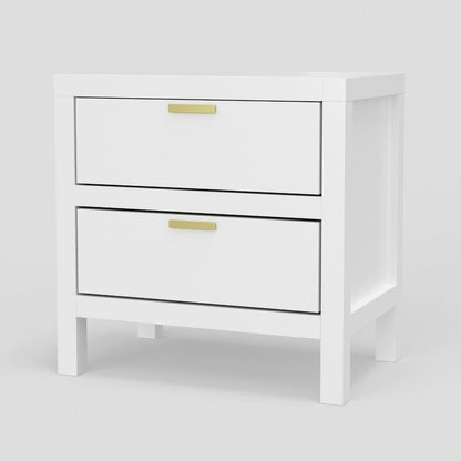 Fery Nightstand, 2 Drawers, Gold Metal Handles, White Solid Pine Wood