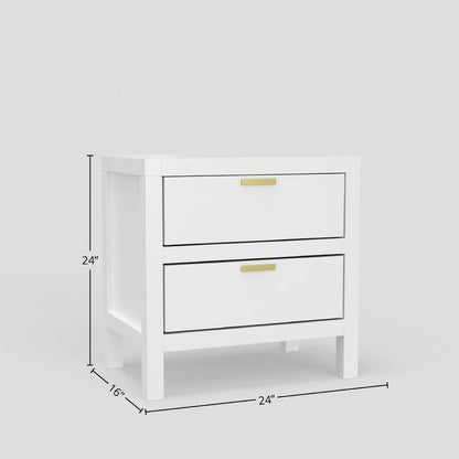 Fery Nightstand, 2 Drawers, Gold Metal Handles, White Solid Pine Wood
