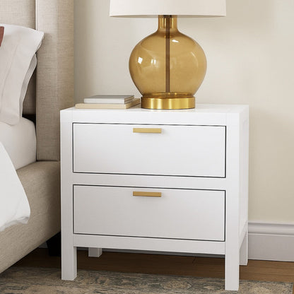 Fery Nightstand, 2 Drawers, Gold Metal Handles, White Solid Pine Wood