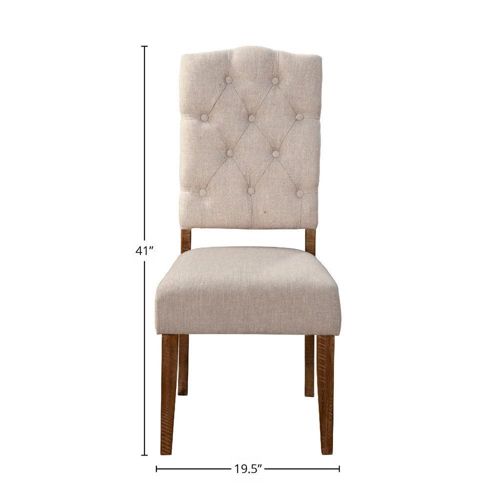 Bela Dining Chair Set of 2, Tufted Beige Back, Brown Acacia Wood