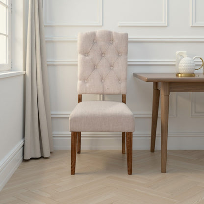 Bela Dining Chair Set of 2, Tufted Beige Back, Brown Acacia Wood