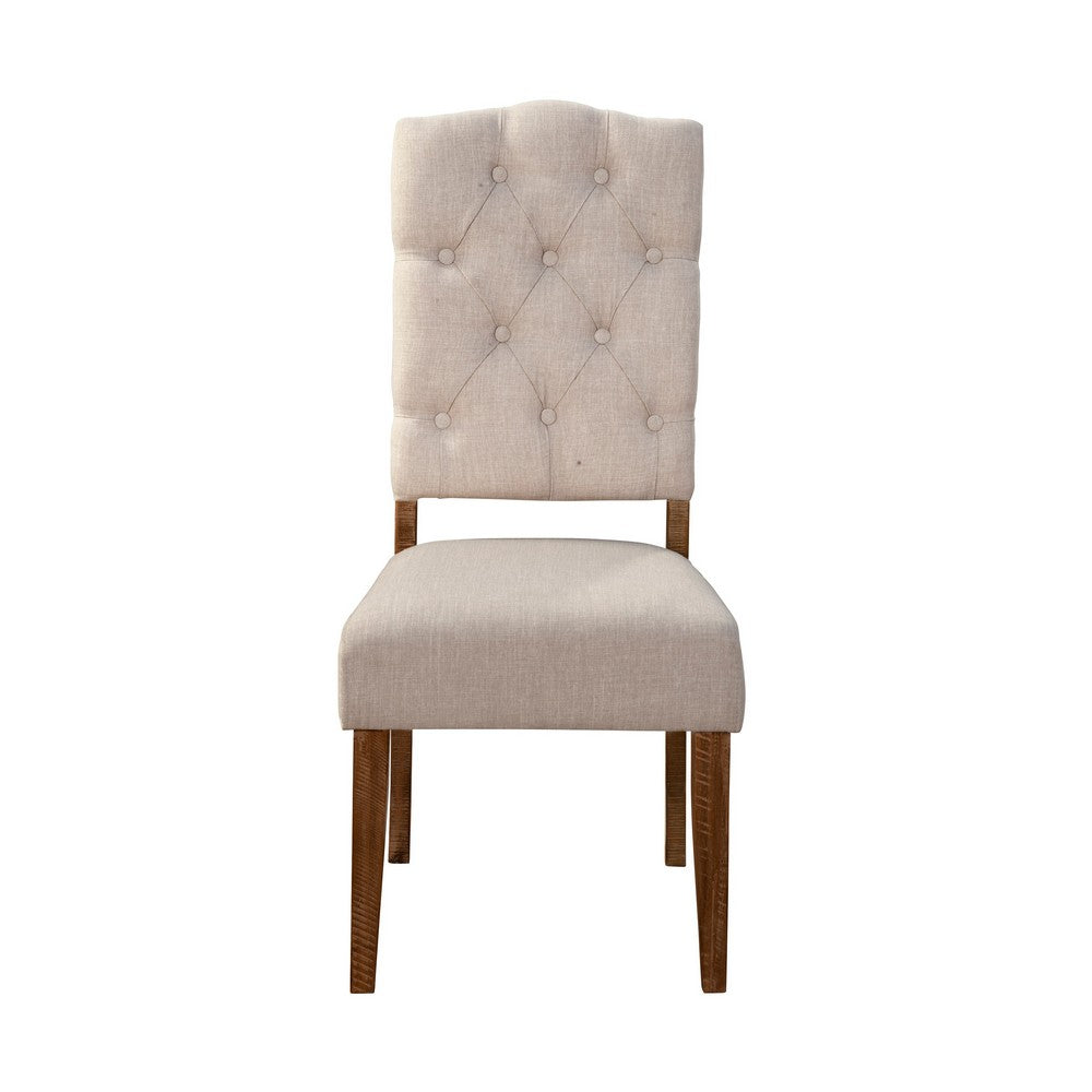 Bela Dining Chair Set of 2, Tufted Beige Back, Brown Acacia Wood