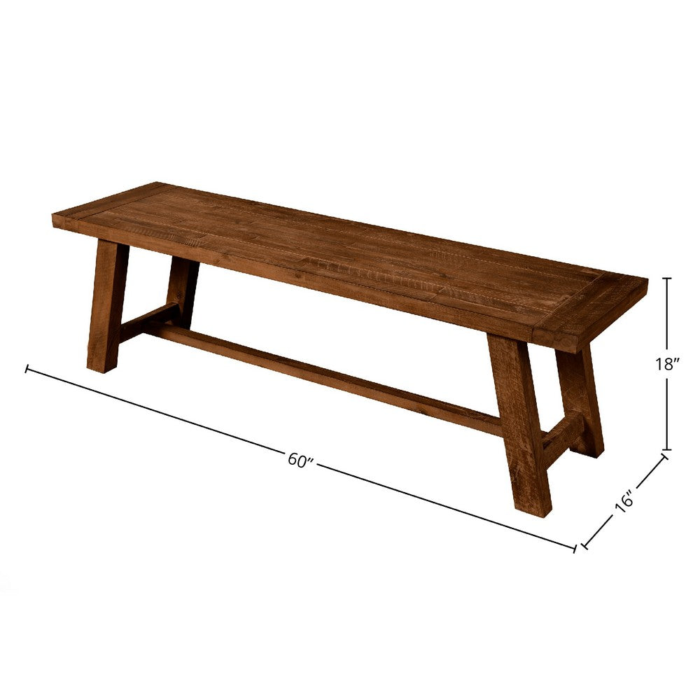 Bela Dining Bench, 60 Inch Rectangular Seat, Rich Brown Acacia Wood
