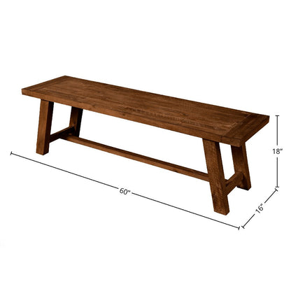 Bela Dining Bench, 60 Inch Rectangular Seat, Rich Brown Acacia Wood