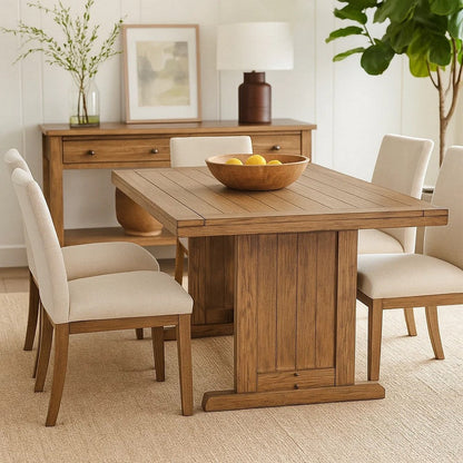 Yael Dining Table, 60 Inch Rectangular Plank Top, Light Brown Mahogany