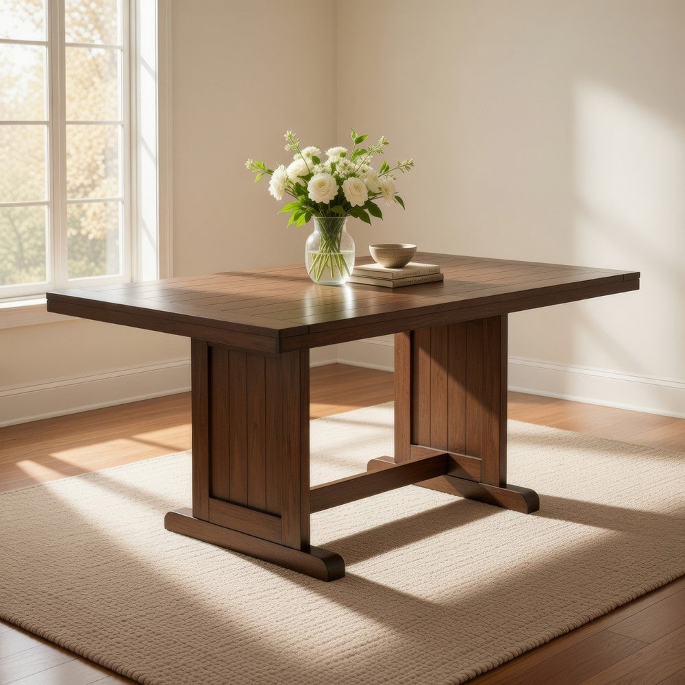 Yael Dining Table, 60 Inch Rectangular Plank Top, Light Brown Mahogany
