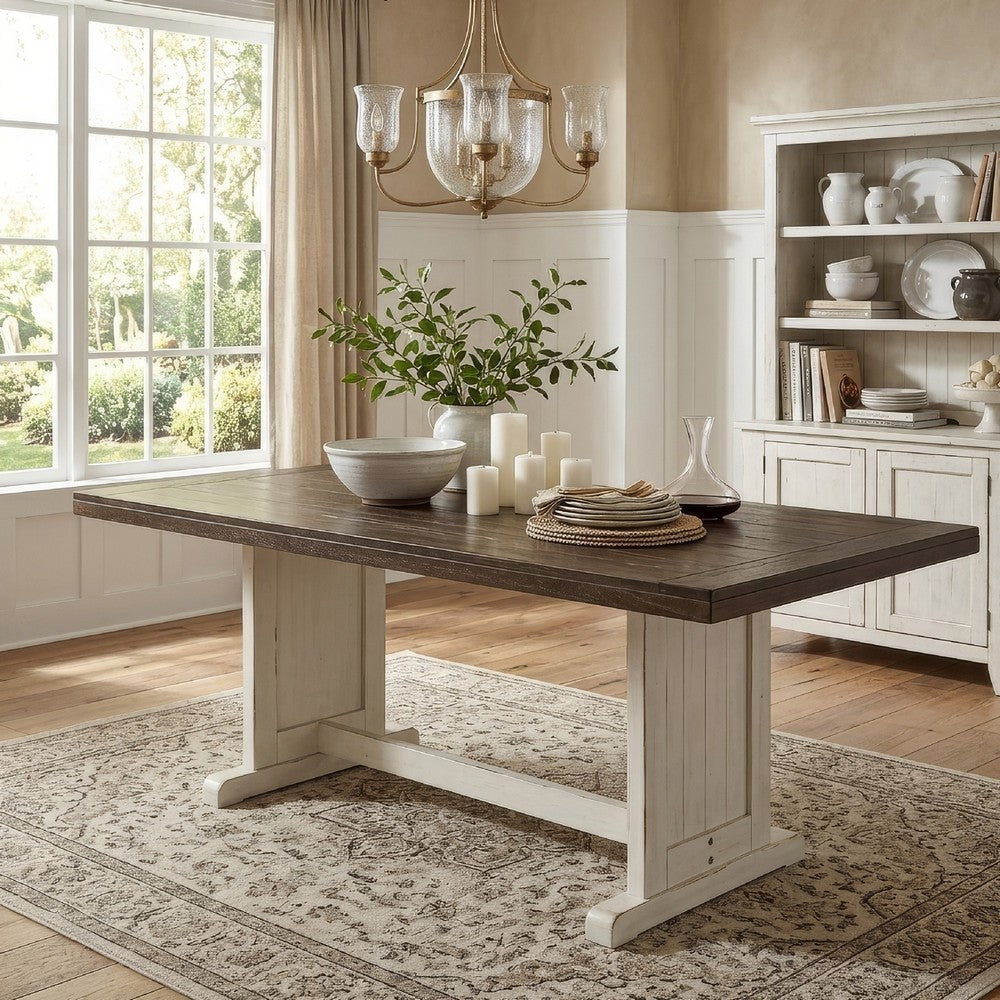 Orso Dining Table, 60 Inch Rectangular Plank Top, Off White and Brown