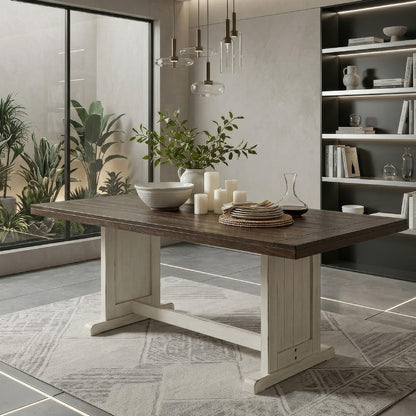Orso Dining Table, 60 Inch Rectangular Plank Top, Off White and Brown
