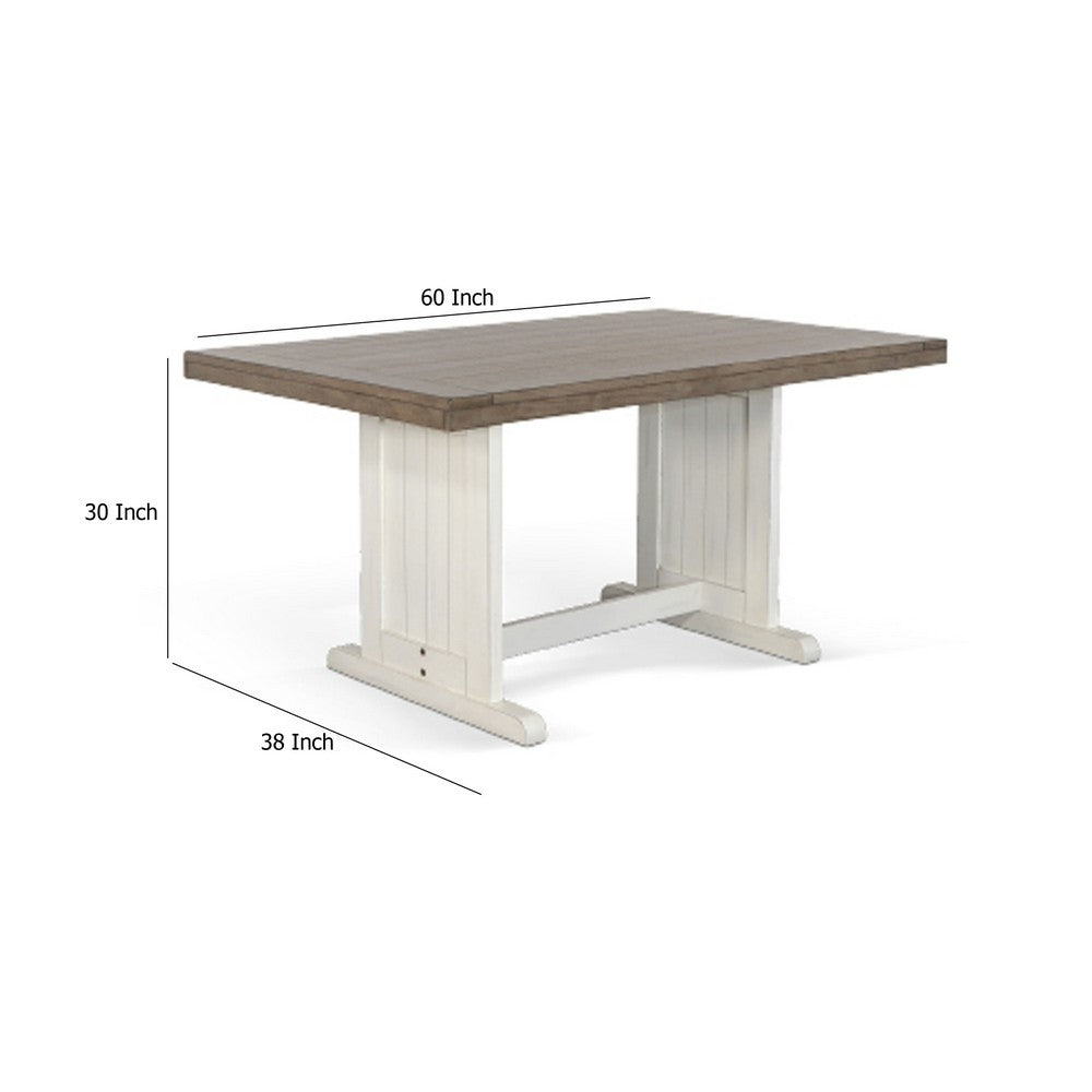 Dean Dining Table, 60 Inch Rectangular Plank Top, Off White and Brown