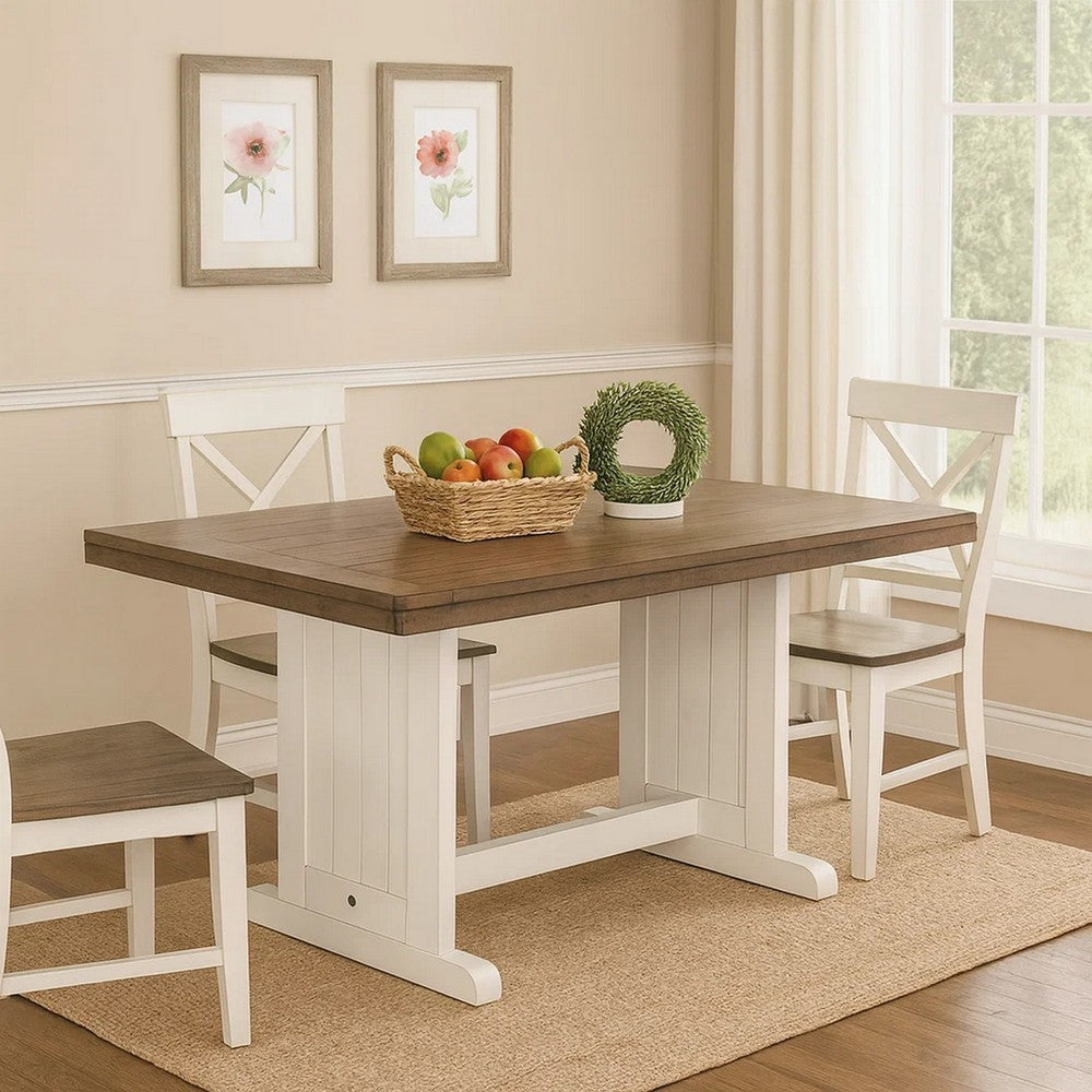 Dean Dining Table, 60 Inch Rectangular Plank Top, Off White and Brown